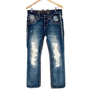 ROCK REVIVAL Rosh Distressed Jeans Straight Leg Embroidered Detail Size 32/32
